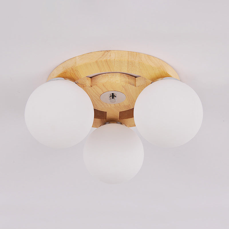 Simplicity White Glass Globe Flush Mount Ceiling Light With Wooden Canopy
