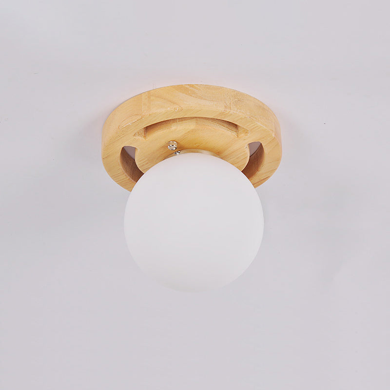 Simplicity White Glass Globe Flush Mount Ceiling Light With Wooden Canopy