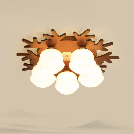 Nordic - Style Wood Flush Ceiling Light With Antler Design And White Glass Shade