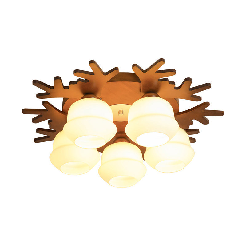 Nordic - Style Wood Flush Ceiling Light With Antler Design And White Glass Shade