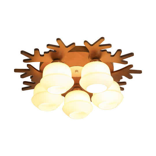 Nordic - Style Wood Flush Ceiling Light With Antler Design And White Glass Shade