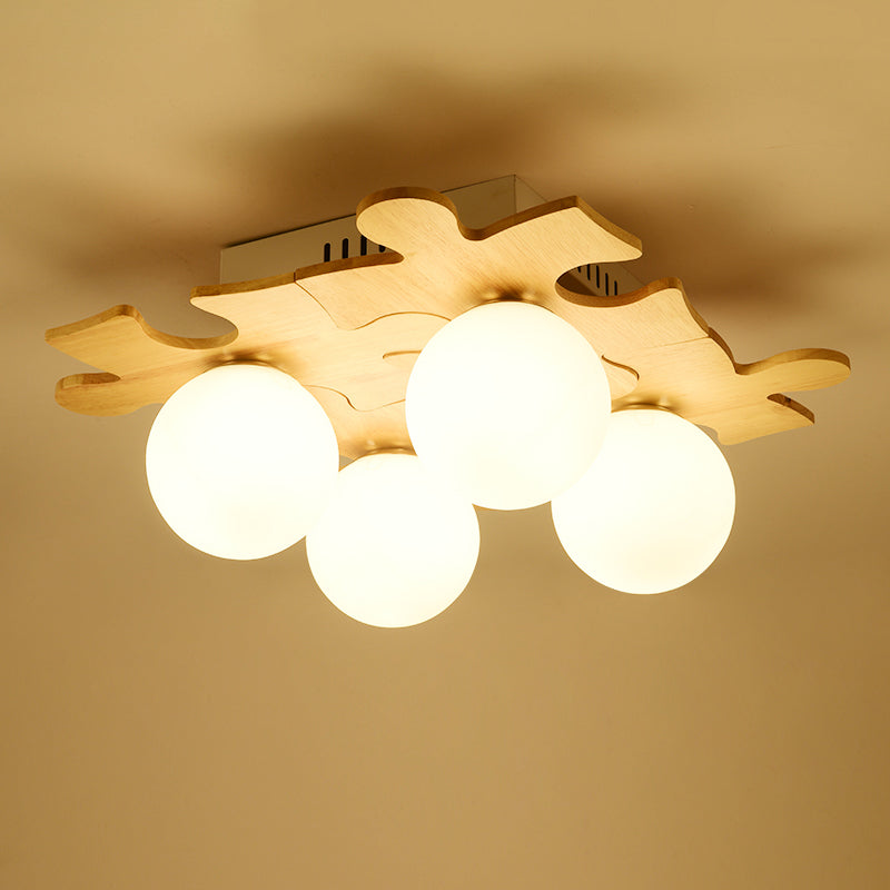 Japanese Style Round Flush Mount Ceiling Light Fixture With White Glass And Wooden Accent - 4 Bulb