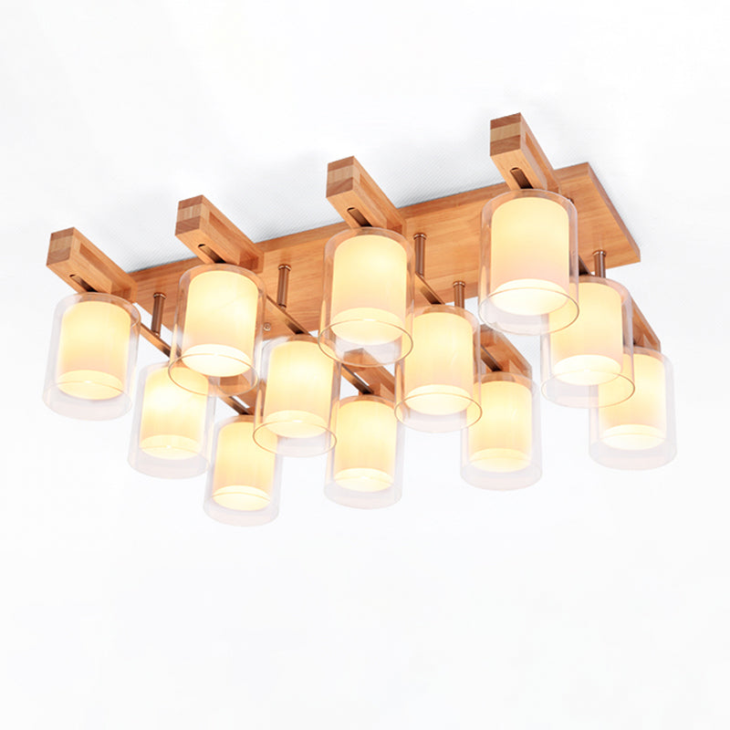 Wooden Double - Layer Glass Flush Mount Chandelier For Living Room Ceiling - Simplicity In Design