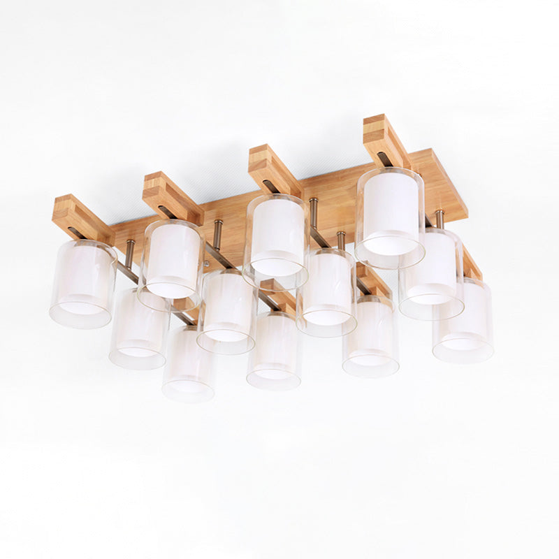 Wooden Double - Layer Glass Flush Mount Chandelier For Living Room Ceiling - Simplicity In Design