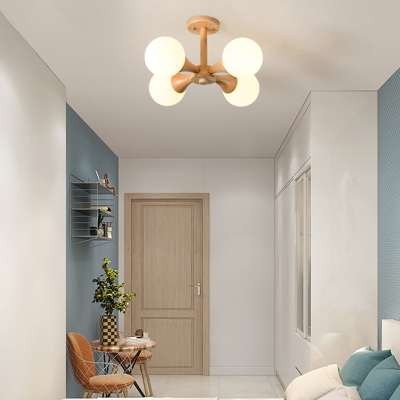 White Glass Flush Mount Chandelier With Nordic Style Ball Wood Canopy - Perfect For Bedrooms