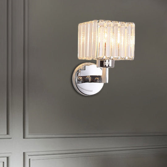 Modern Chrome Wall Sconce Light With Crystal Rod Shade - 1-Light Hallway Mount / Square