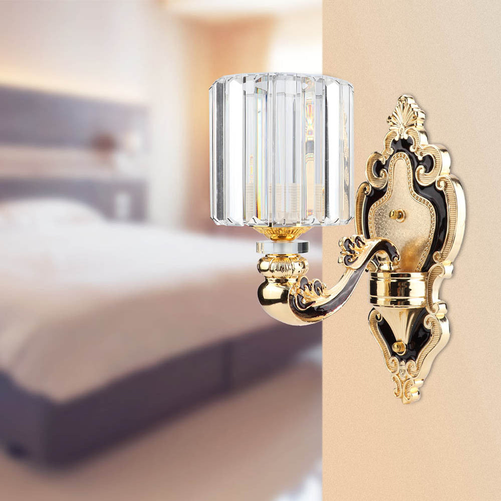 Gold Crystal Cylinder Sconce Light - Rectangular-Cut Contemporary Bedroom Wall Mount