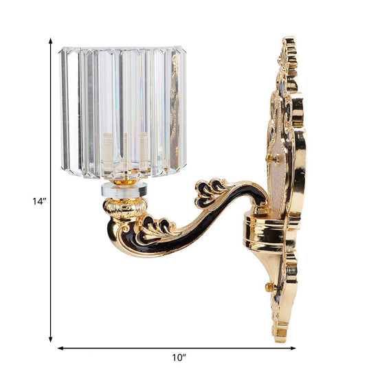 Gold Crystal Cylinder Sconce Light - Rectangular-Cut Contemporary Bedroom Wall Mount