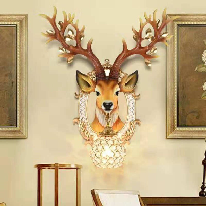 Vintage Brown Globe Wall Light - 1-Light Crystal And Metal Sconce With Deer Backplate