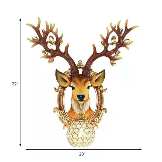 Vintage Brown Globe Wall Light - 1-Light Crystal And Metal Sconce With Deer Backplate
