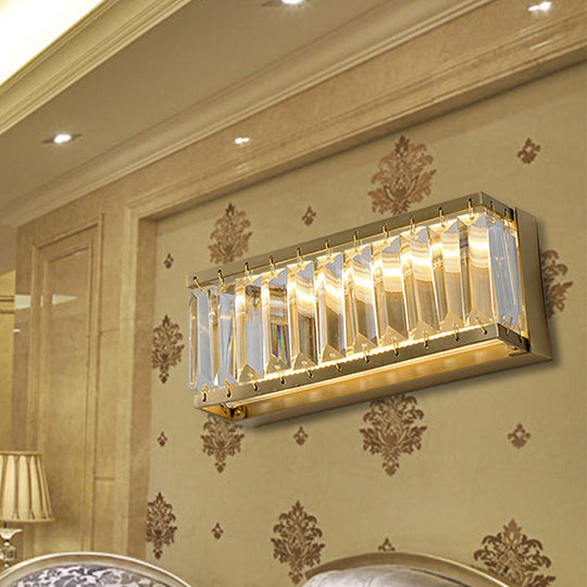 Golden Rectangle Led Wall Mount Light With Clear Faceted Crystal - Modern Metallic Lighting Fixture