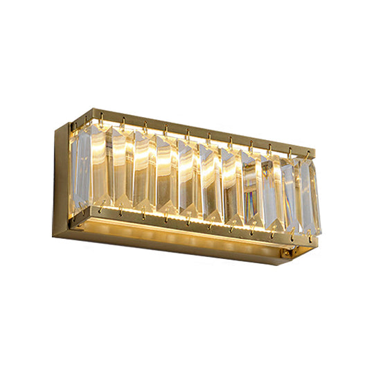 Golden Rectangle Led Wall Mount Light With Clear Faceted Crystal - Modern Metallic Lighting Fixture