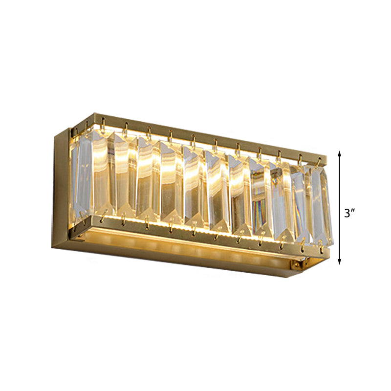 Golden Rectangle Led Wall Mount Light With Clear Faceted Crystal - Modern Metallic Lighting Fixture