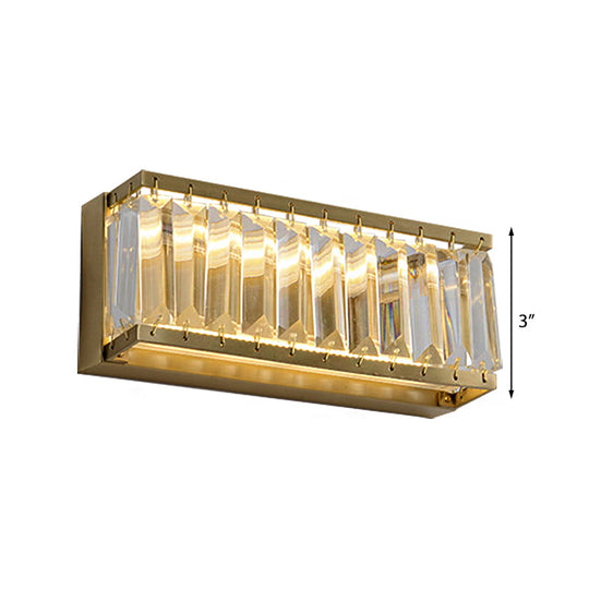 Golden Rectangle Led Wall Mount Light With Clear Faceted Crystal - Modern Metallic Lighting Fixture