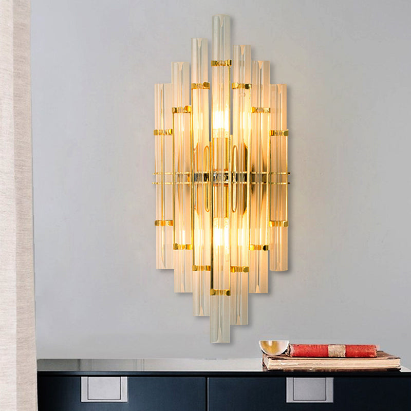 Contemporary Gold Finish Bedroom Wall Sconce With Crystal Tube Shape - 2 Lights