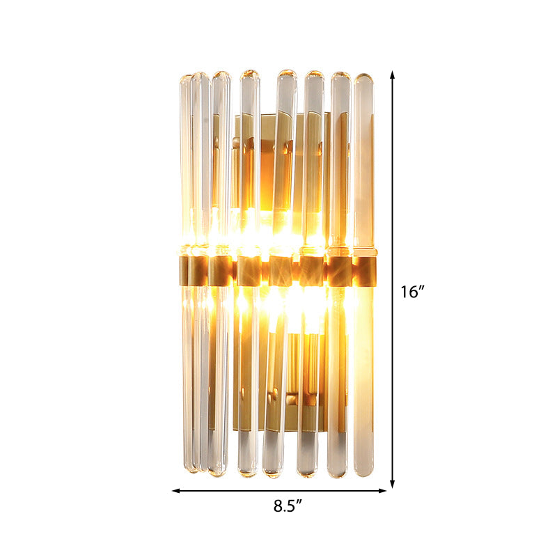 Clear Crystal Half-Cylindrical Wall Sconce Lamp: Contemporary Brass Finish Lighting For Bedroom
