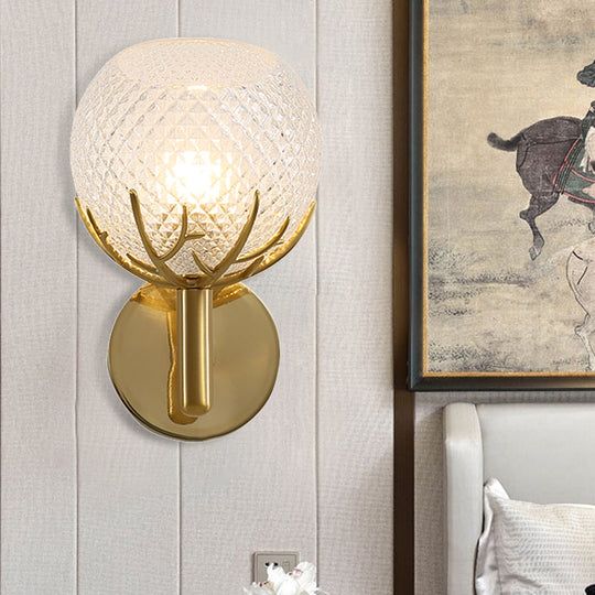 Contemporary Frosted Lattice Glass Wall Lamp - 1 Light Brass Finish Sconce