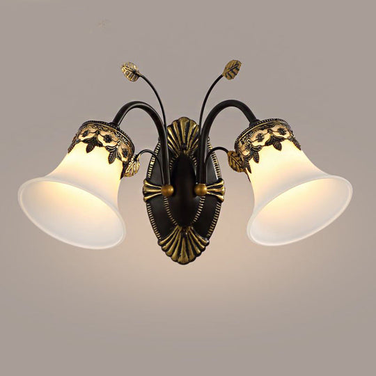 Vintage Frosted Glass Wall Sconce With Curved Arm - Black Bell 1/2-Light Fixture For Foyer 2 /
