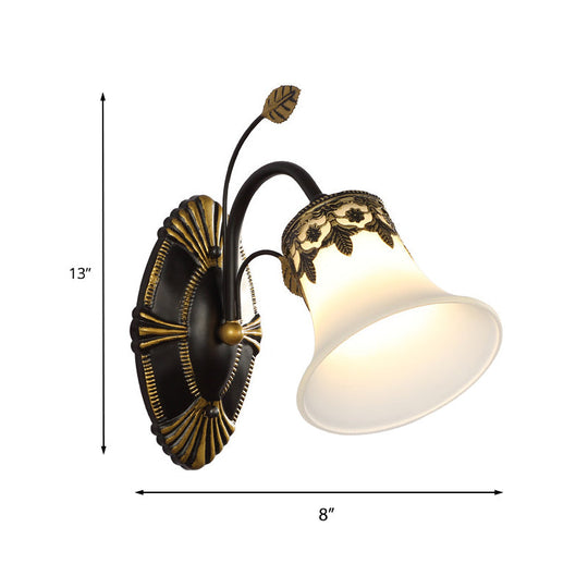 Vintage Frosted Glass Wall Sconce With Curved Arm - Black Bell 1/2-Light Fixture For Foyer