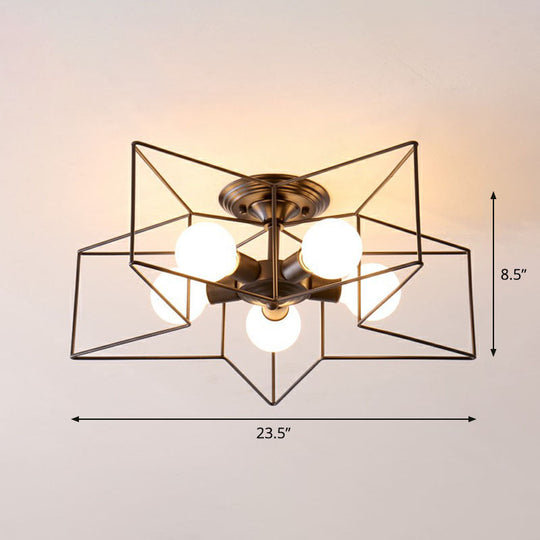 5 - Bulb Iron Star Semi Flush Mount Ceiling Light For Simple Living Room Decor Black