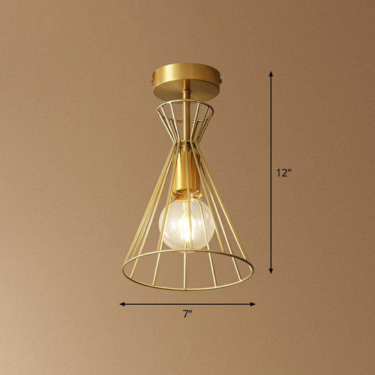 Golden Vintage Hourglass Semi - Flush Ceiling Light With Single Bulb