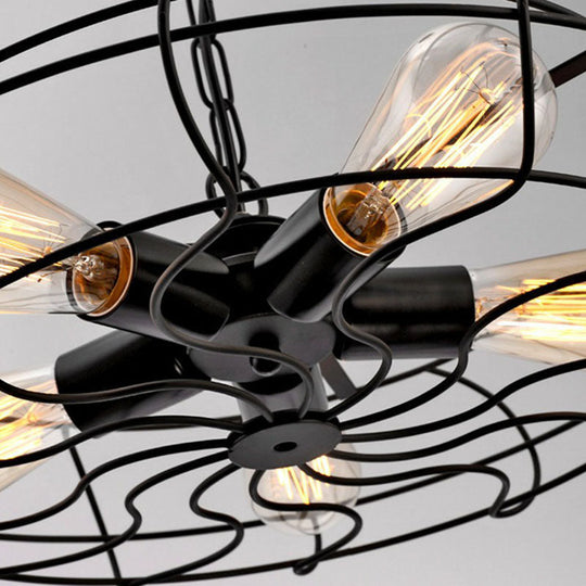 Vintage Iron Pendant Light With 5 Hanging Heads In Black