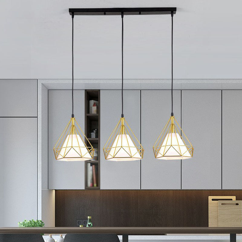 Industrial Diamond Cage Pendant Light With 3 Iron Heads - Stylish Lighting For Dining Room