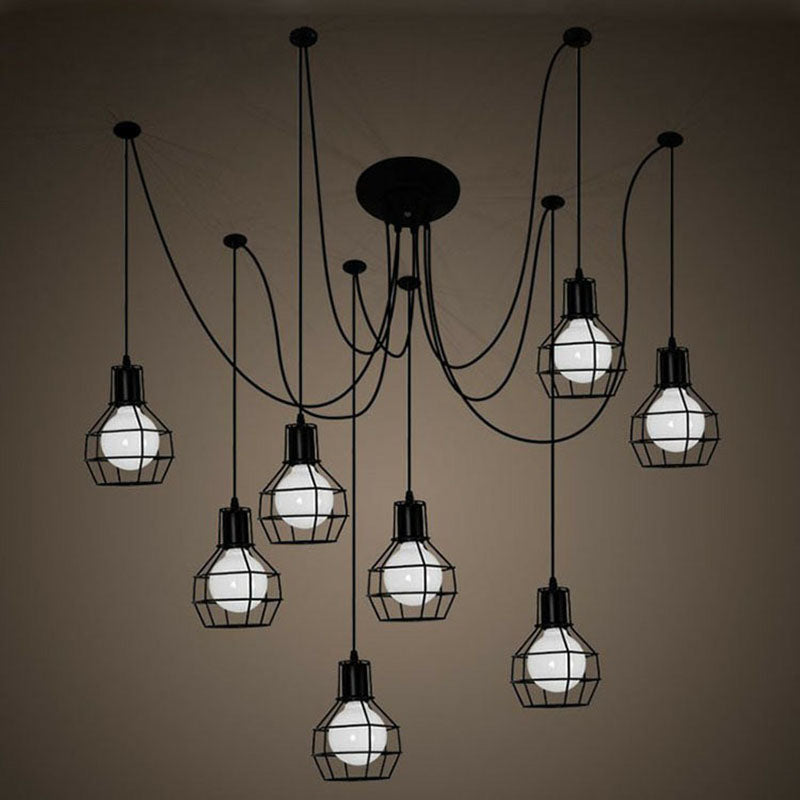 Black Spider Iron Multi-Light Pendant Industrial Lighting With Grenade Cage For Restaurants - 8