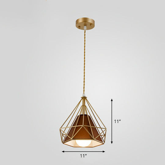 Diamond Cage Iron Pendant Light For Dining Room - Vintage Hanging Fixture Gold / Brown