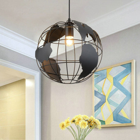 Vintage Terrestrial Globe Iron Pendant Lamp - Single-Bulb Hanging Light For Corridor Black