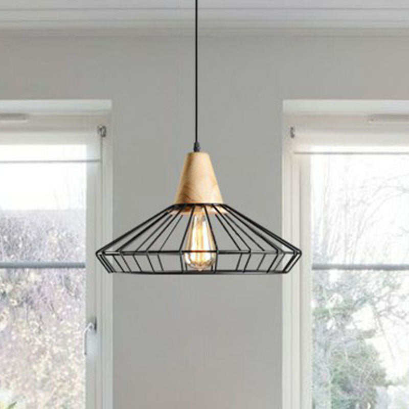 Antique Black Iron Pendant Light With Wooden Top - Rustic Hanging Fixture 1-Light