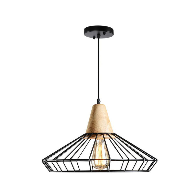 Antique Black Iron Pendant Light With Wooden Top - Rustic Hanging Fixture 1-Light