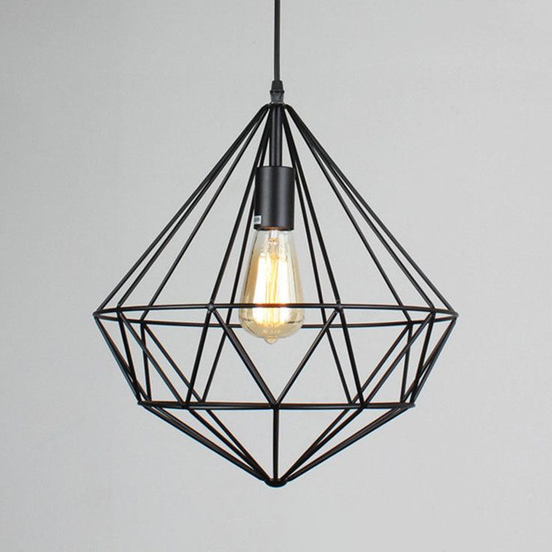 Retro Style Black Iron Gemstone Frame Pendant Ceiling Light For Restaurants - 1 Head Suspension