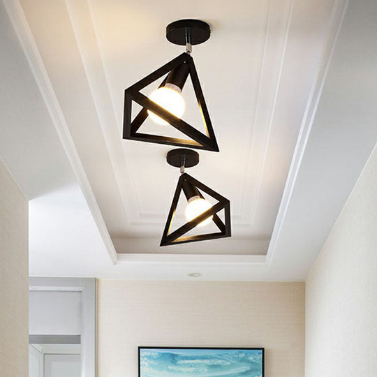 Black Geometric Semi - Flush Mount Ceiling Light With Metallic Antique Finish And Single Bulb For