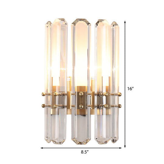 Modern Metal Cylinder Wall Sconce Light With Clear Crystal Prism Golden Finish 2 Bulbs Ideal For