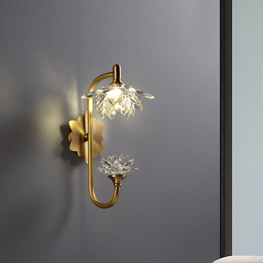 Modernist Style Brass Finish Wall Sconce With Crystal Shade - Lotus Clear