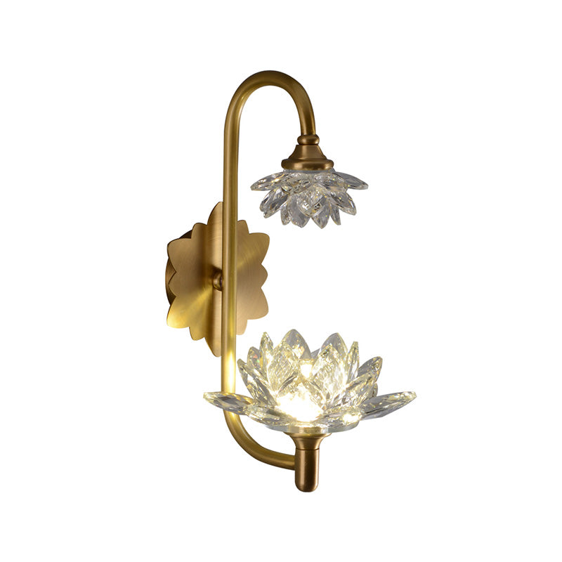 Modernist Style Brass Finish Wall Sconce With Crystal Shade - Lotus Clear