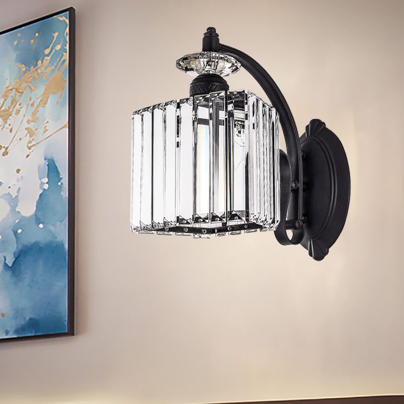 Modern Trapezoid Crystal Wall Light With Curved Arm For Living Room - Black Sconce Lamp