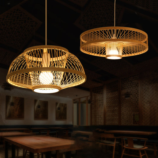 Minimalist Bamboo Woven Hanging Lamp For Restaurants - 1 Bulb Wood Suspension Lighting