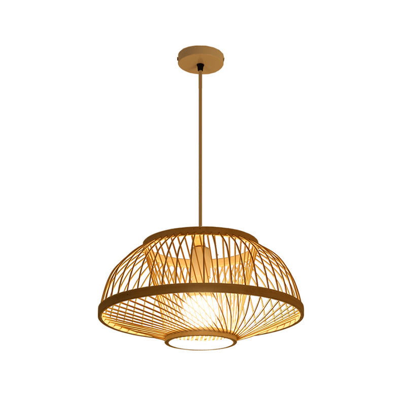 Minimalist Bamboo Woven Hanging Lamp For Restaurants - 1 Bulb Wood Suspension Lighting