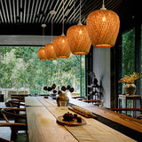Sleek Handwoven Wood Suspension Light - Minimalist Rattan Pendant Ceiling Lamp / E