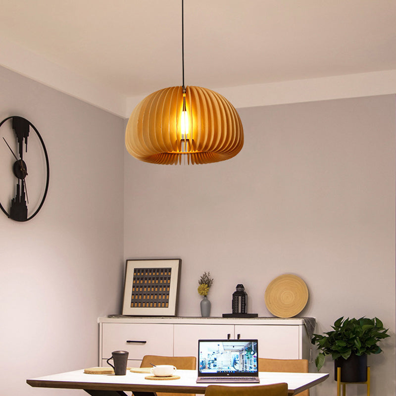 1 Asian Style Wooden Dome Ceiling Light Fixture For Restaurants With Hanging Bulb Wood