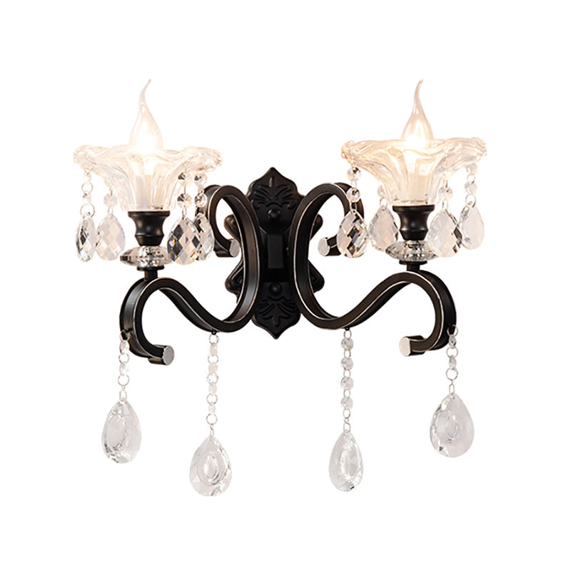 Modern Scalloped Crystal Wall Lamp With Curved Arm In Black