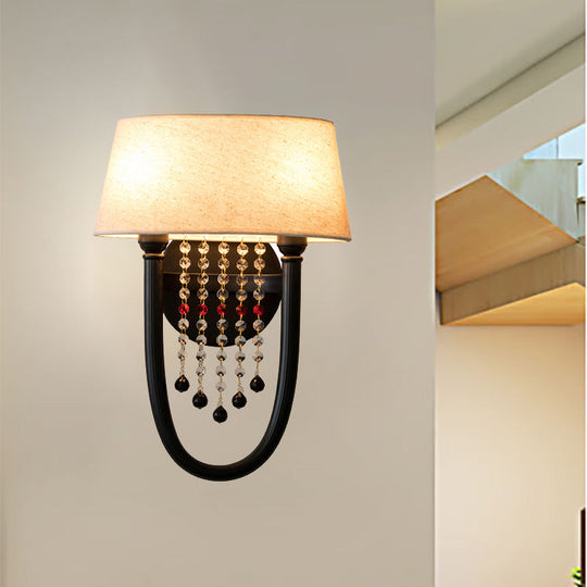 Drum Wall Sconce: Lodge Style Fabric Lamp With Crystal Bead Detail 2 Bulbs And U-Shaped Arm In Black