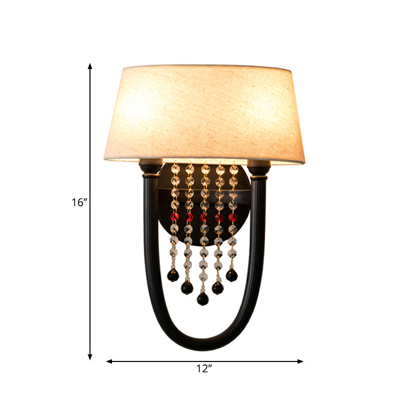 Drum Wall Sconce: Lodge Style Fabric Lamp With Crystal Bead Detail 2 Bulbs And U-Shaped Arm In Black