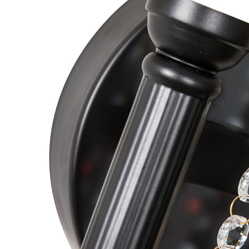 Drum Wall Sconce: Lodge Style Fabric Lamp With Crystal Bead Detail 2 Bulbs And U-Shaped Arm In Black