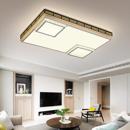 Simple Flush Mount Led Acrylic Ceiling Light With Crystal Accent - White Square/Rectangle