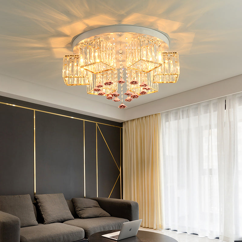 Modern Cubic Flush Mount Crystal Ceiling Light With Pink Rose Draping - 19.5’/23.5’ Dia 5/6