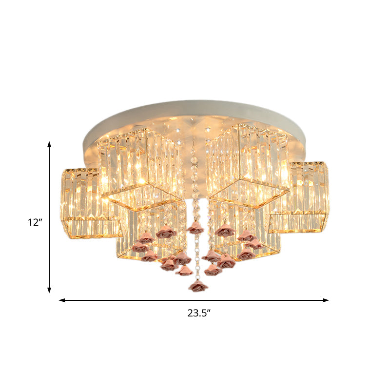 Modern Cubic Flush Mount Crystal Ceiling Light With Pink Rose Draping - 19.5’/23.5’ Dia 5/6