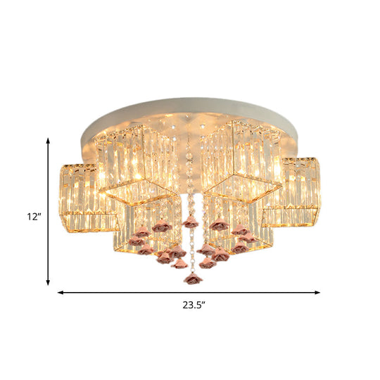 Modern Cubic Flush Mount Crystal Ceiling Light With Pink Rose Draping - 19.5’/23.5’ Dia 5/6